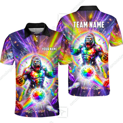 Custom Bowling Jersey Polo Shirt, Rainbow Gemstone Gorilla, Custom Bowling Jersey Team Shirt For Players With Name and Team Name