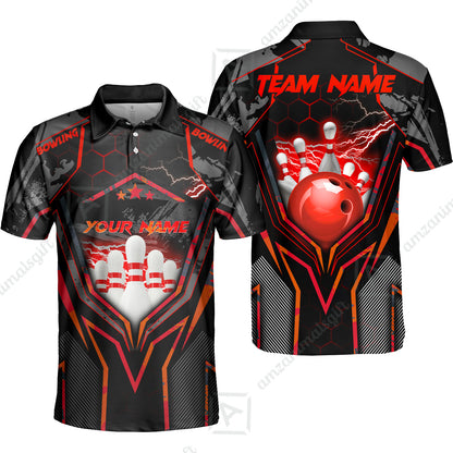 Customized Bowling Jersey, Bowling And Pins Abstract Grunge Texture X Multicolor Option Customized Name And Team Name Zipper Polo Jerseys Shirts