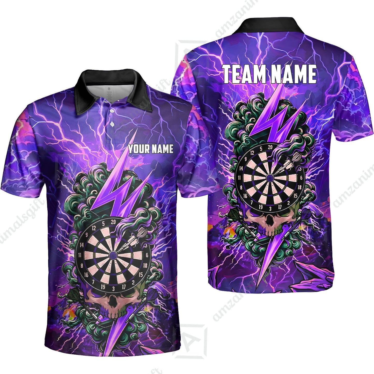 Custom Darts Team Jersey, Personalized Lightning Skull Dart Polo Shirt For Players With Name & Team Name