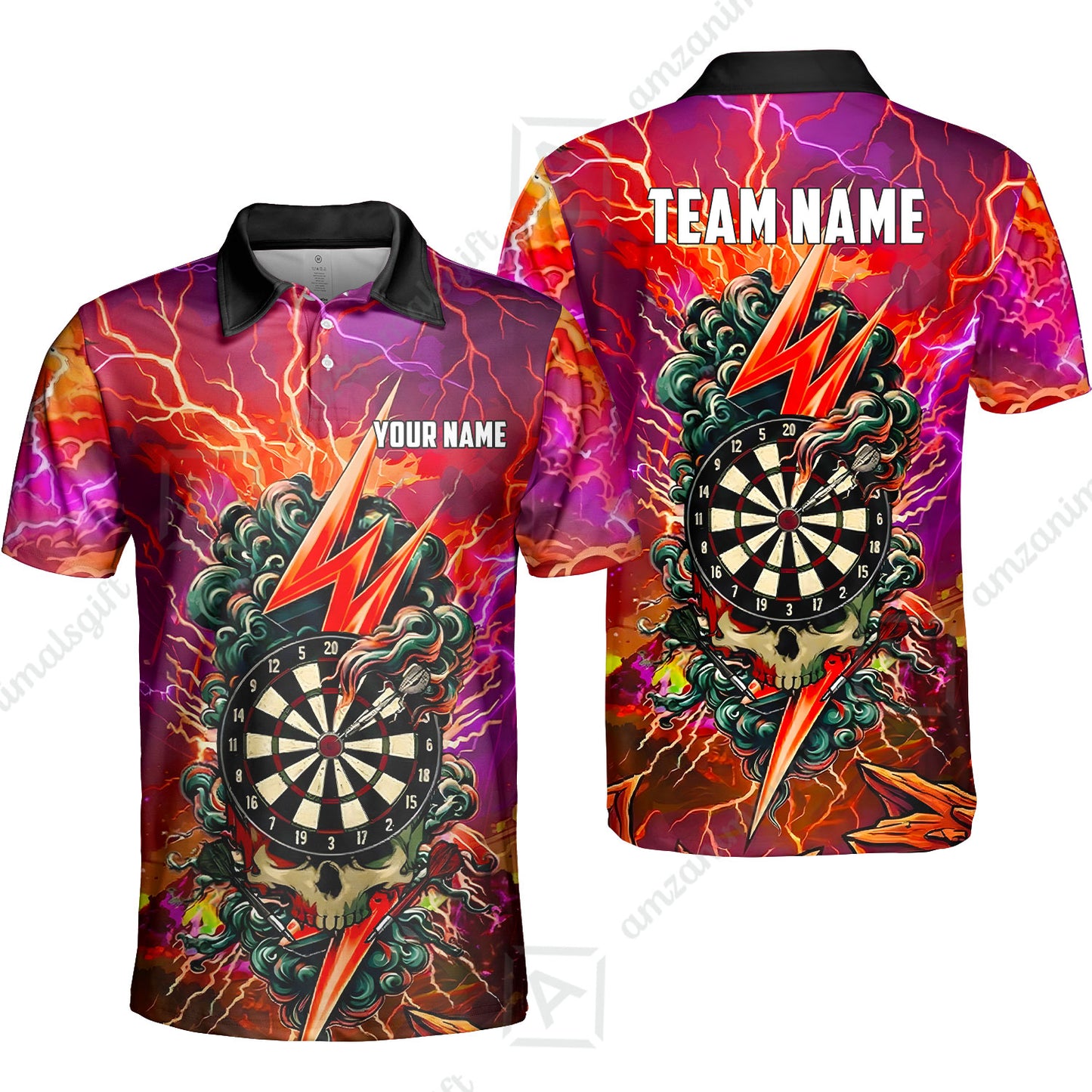Custom Darts Team Jersey, Personalized Lightning Skull Dart Polo Shirt For Players With Name & Team Name