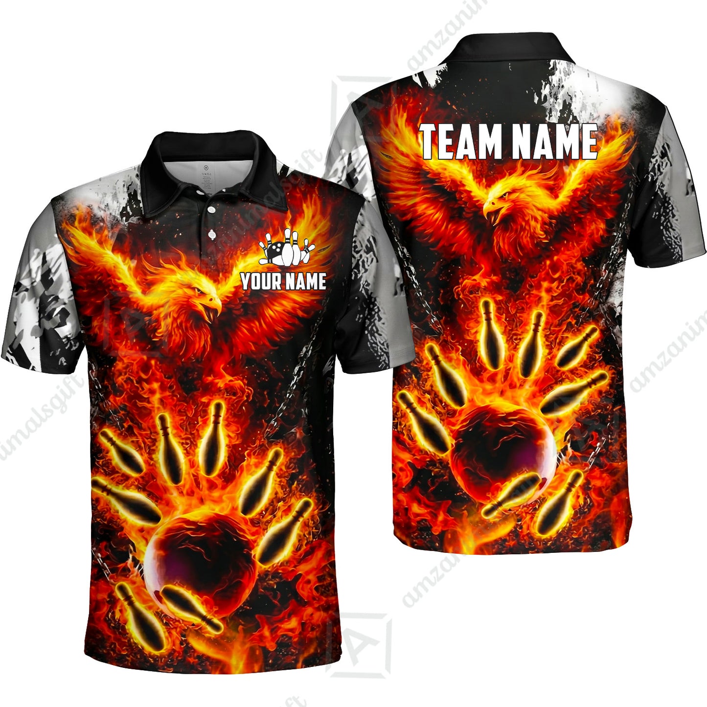 Custom Bowling Jersey Polo Shirt, Flaming Phoenix Bowling, Custom Bowling Jersey Team Shirt For Players With Name & Team Name