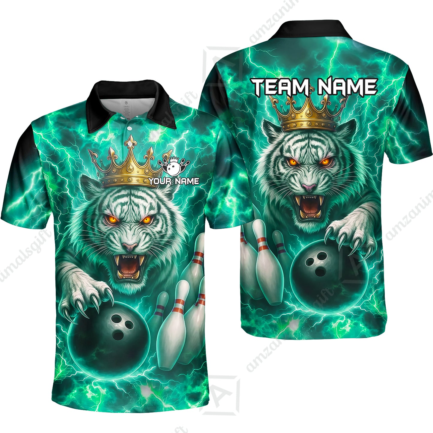 Custom Bowling Team Quarter-Zip Polo Shirt, Bowling White Tiger Lighting Shirt, Personalized Team Shirt with Custom Name