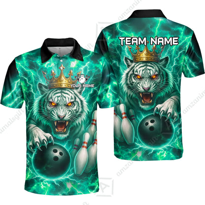 Custom Bowling Team Quarter-Zip Polo Shirt, Bowling White Tiger Lighting Shirt, Personalized Team Shirt with Custom Name
