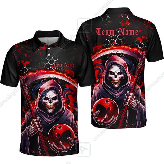 Custom Bowling Jersey Polo Shirt, Red Reaper, Personalized Name And Team Name