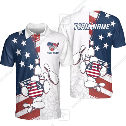Custom Bowling Jersey Polo Shirt, USA Flag Bowling Ball Custom Bowling Jersey Team Shirt For Players With Name & Team Name