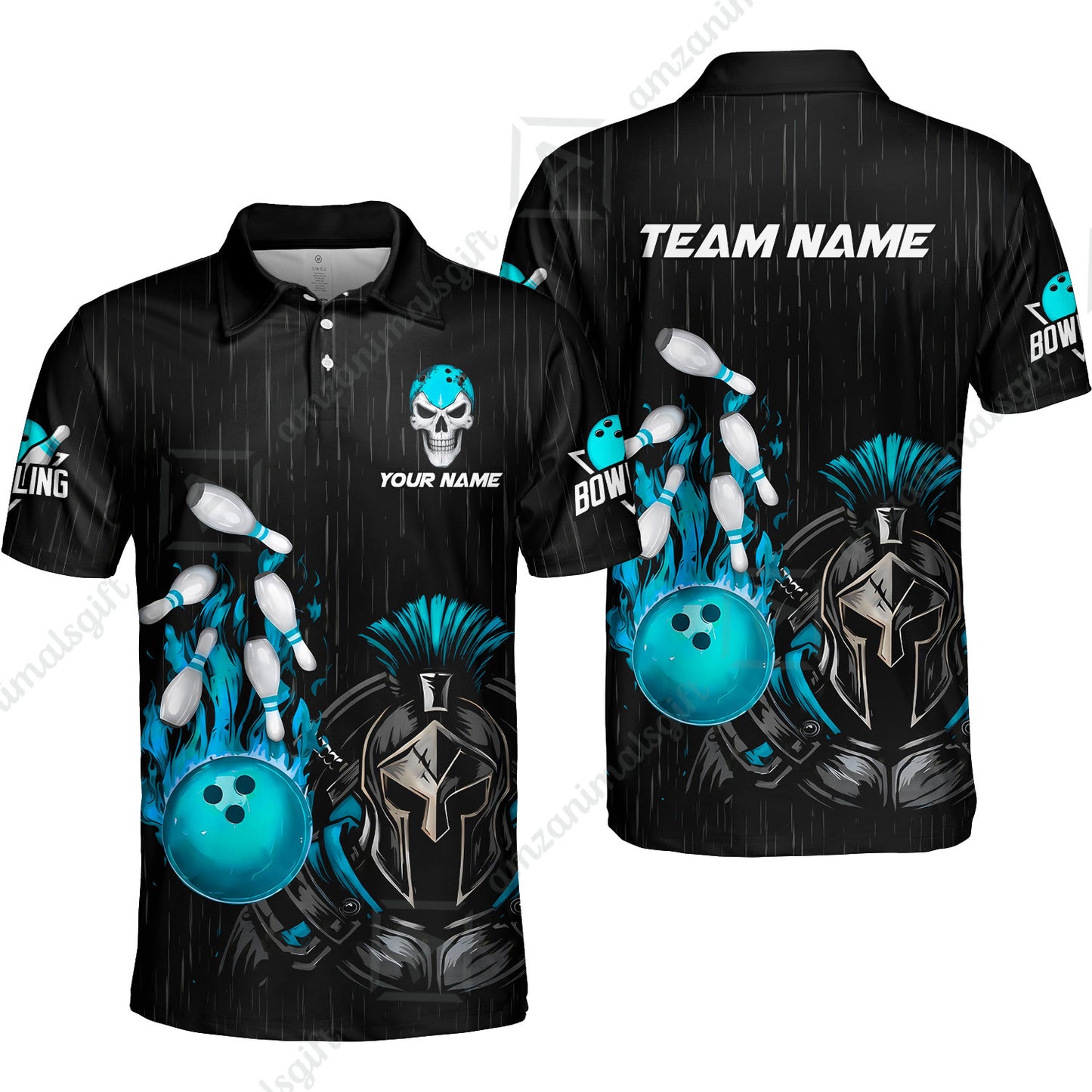 Custom Bowling Jersey Polo Shirt, Fire Bowling Knight Rain Skull Logo, Personalize Name & Team Name