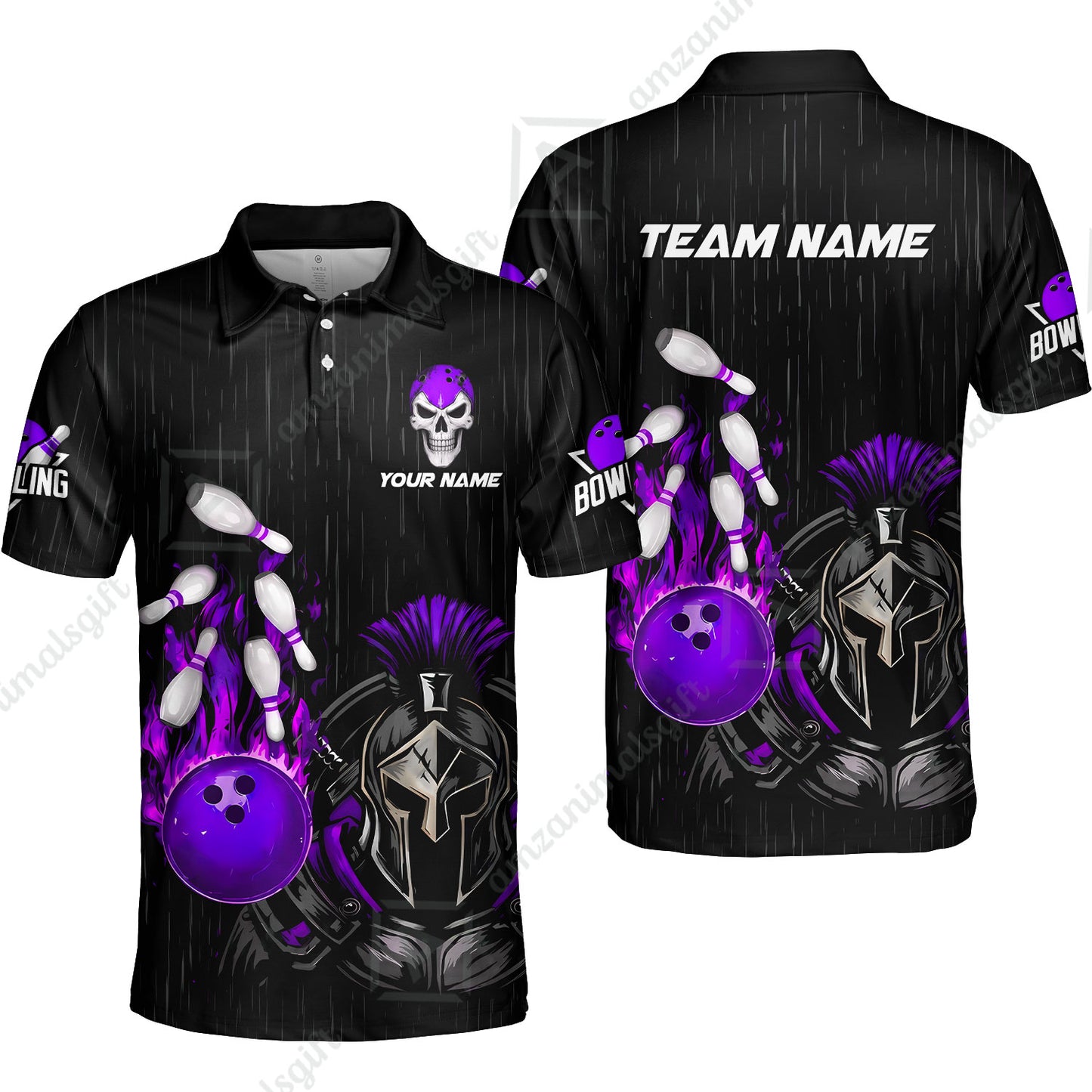 Custom Bowling Jersey Polo Shirt, Fire Bowling Knight Rain Skull Logo, Personalize Name & Team Name