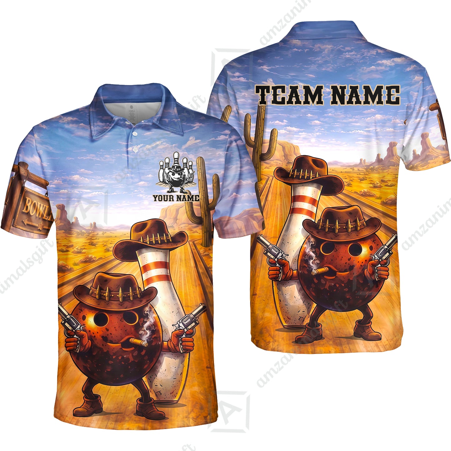 Custom Bowling Jersey Polo Shirt, Wild West Cowboy Gunslinger, Custom Bowling Jersey Team Shirt For Players With Name and Team Name