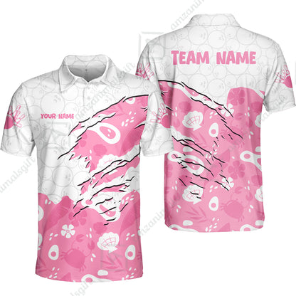 Custom Bowling Jersey Polo Shirt, Pattern Crab Half Crenate Ark Flower Glass, Personalize Name and Team Name