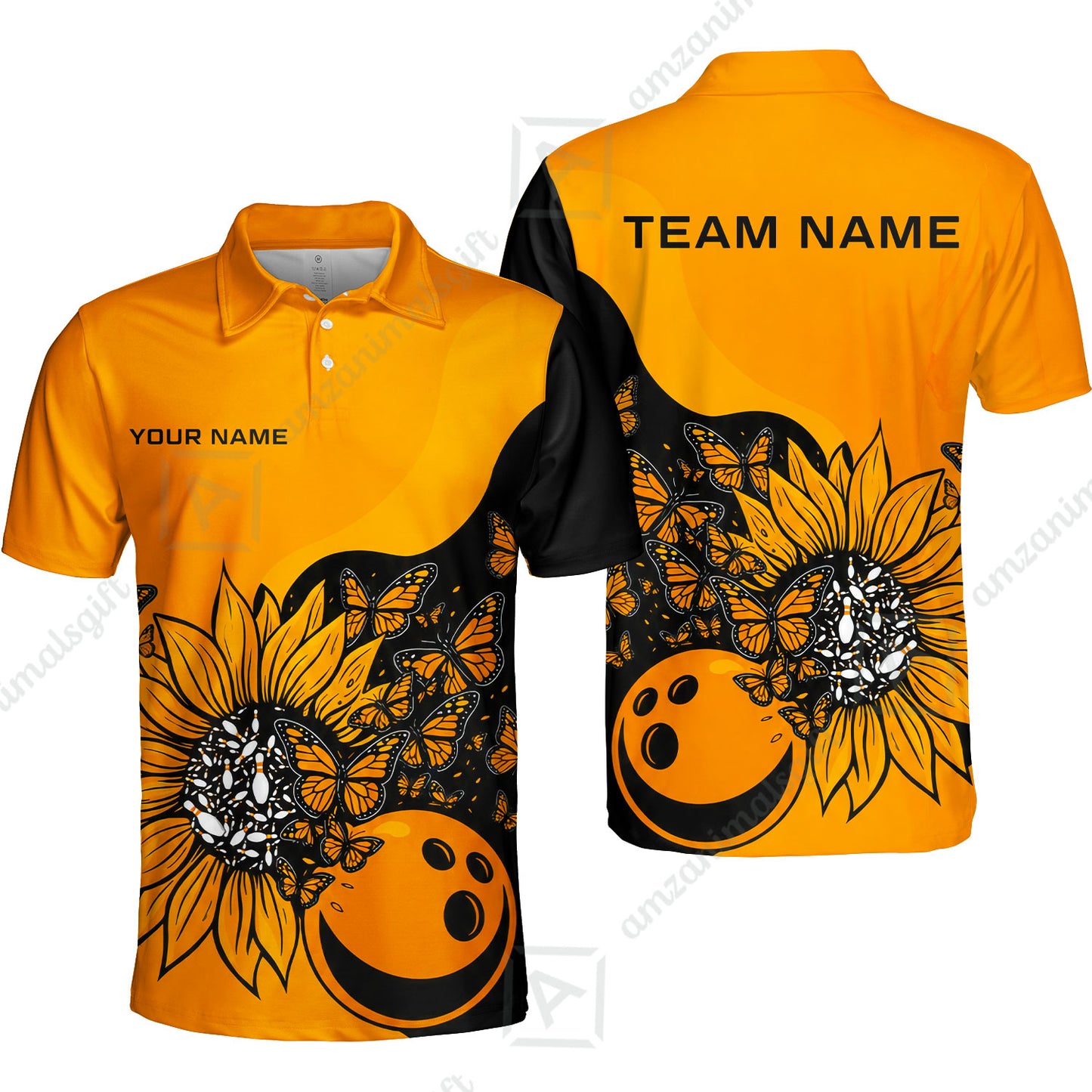 Custom Bowling Jersey Polo Shirt, Radiant Sunflower Butterfly Bloom, Custom Bowling Jersey Team Shirt For Players With Name and Team Name