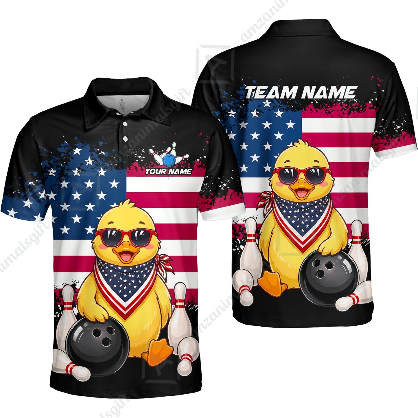 Custom Bowling Jersey Polo Shirt, Animal With Glasses And Bandana America Flag, Personalize Name & Team Name