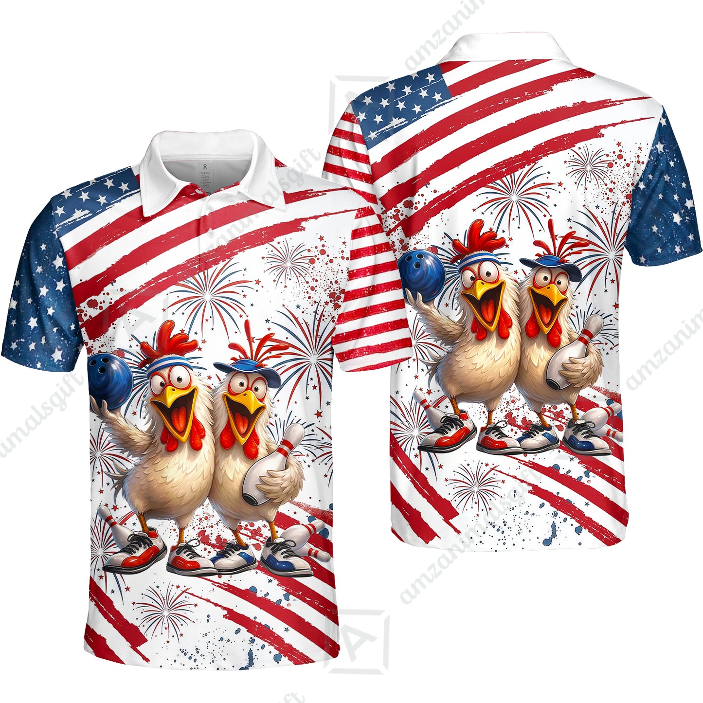 Custom Bowling Jersey Polo Shirt, Funny Patriotic USA Chicken Fireworks, Custom Bowling Jersey Team Shirt For Players With Name & Team Name