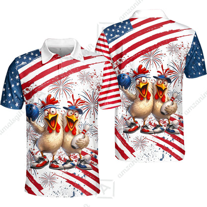 Custom Bowling Jersey Polo Shirt, Funny Patriotic USA Chicken Fireworks, Custom Bowling Jersey Team Shirt For Players With Name & Team Name