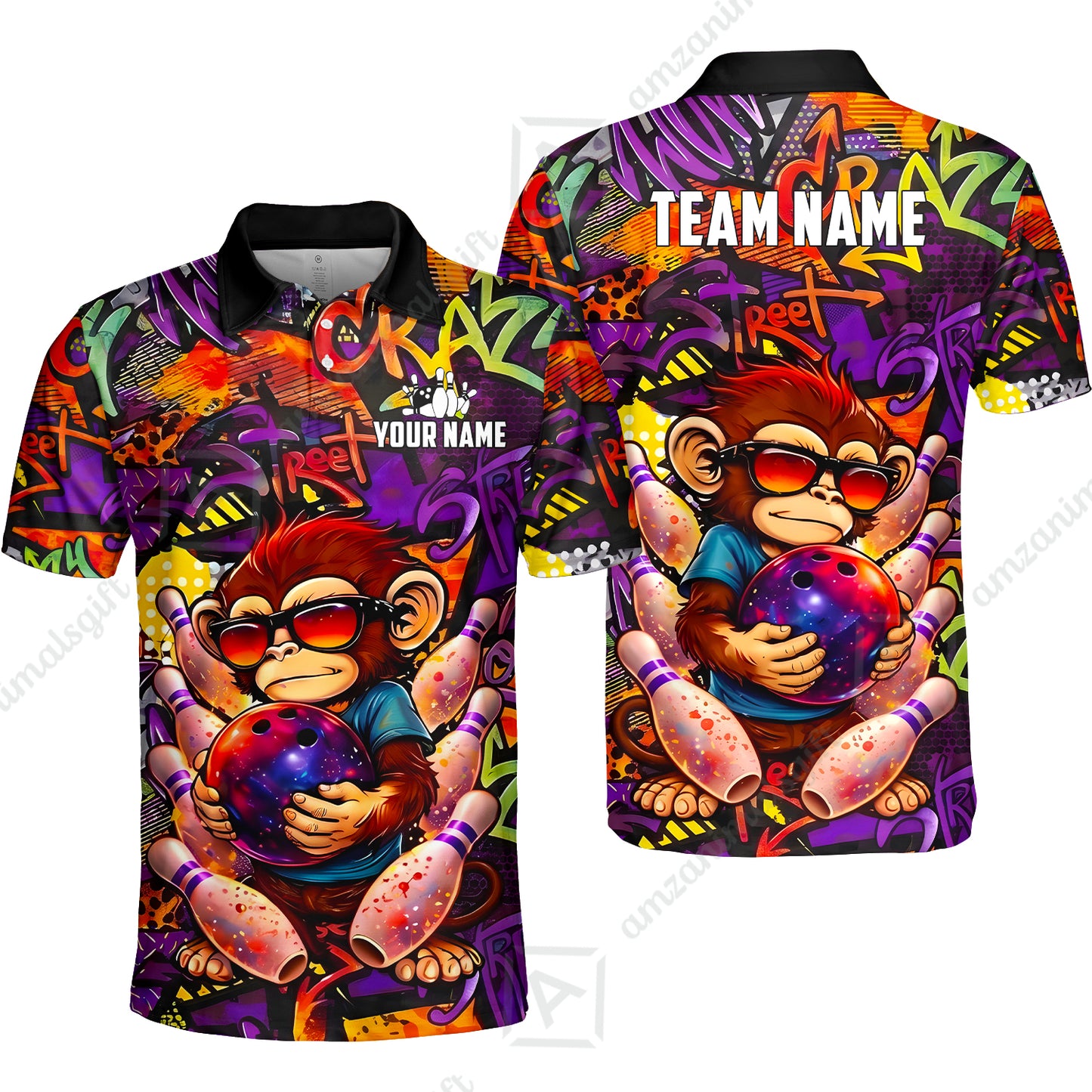 Custom Bowling Jersey Polo Shirt, Street Graffiti Funny Monkey Mascot, Custom Bowling Jersey Team Shirt For Players With Name & Team Name