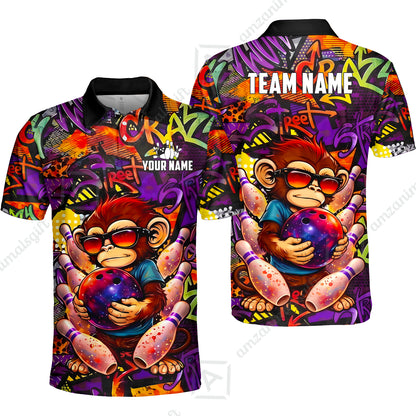 Custom Bowling Jersey Polo Shirt, Street Graffiti Funny Monkey Mascot, Custom Bowling Jersey Team Shirt For Players With Name & Team Name