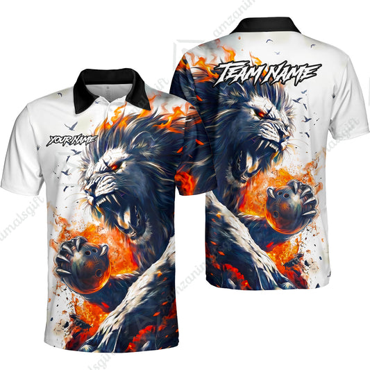Custom Bowling Jersey Polo Shirt, Lion Fire Lava, Personalized Name And Team Name