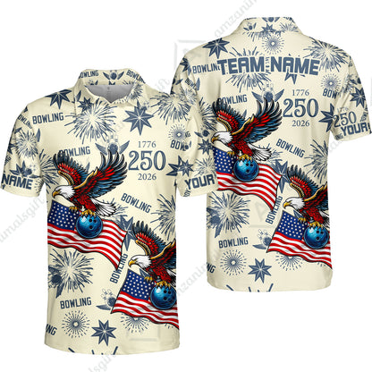 Custom Bowling Jersey Polo Shirt, USA 250 Years of Independence Bowling, Custom Bowling Jersey Team Shirt For Players With Name and Team Name