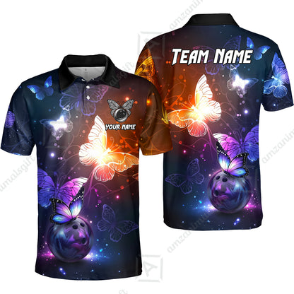 Custom Bowling Jersey Polo Shirt, Magical Glowing Butterfly Galaxy Pattern, Custom Bowling Jersey Team Shirt For Players With Name & Team Name