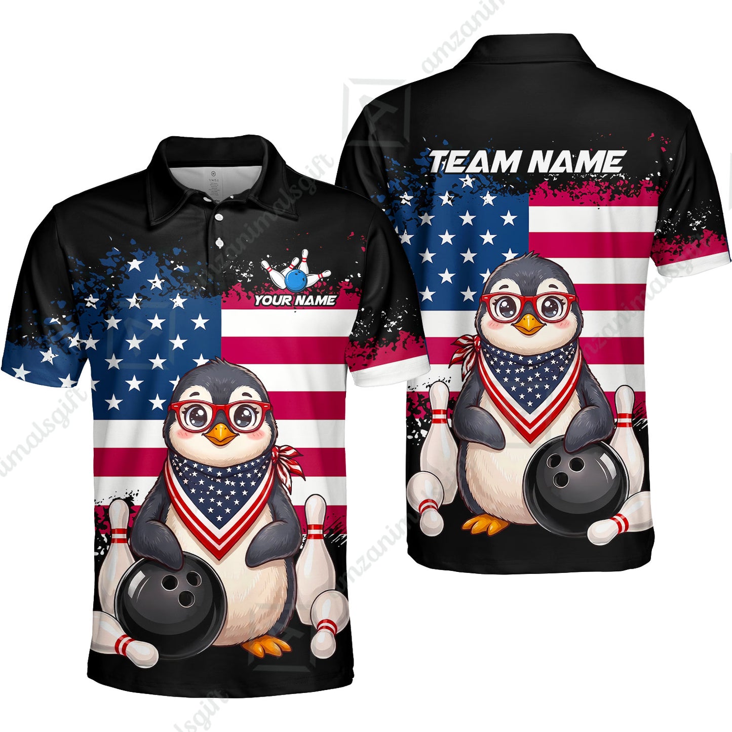 Custom Bowling Jersey Polo Shirt, Animal With Glasses And Bandana America Flag, Personalize Name & Team Name