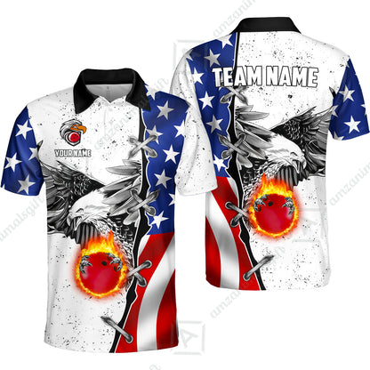 Customized Bowling Unisex Polo Shirt, US Flag White Eagle Flame Pin Dust Pattern Bowling, Personalized Name And Team Name