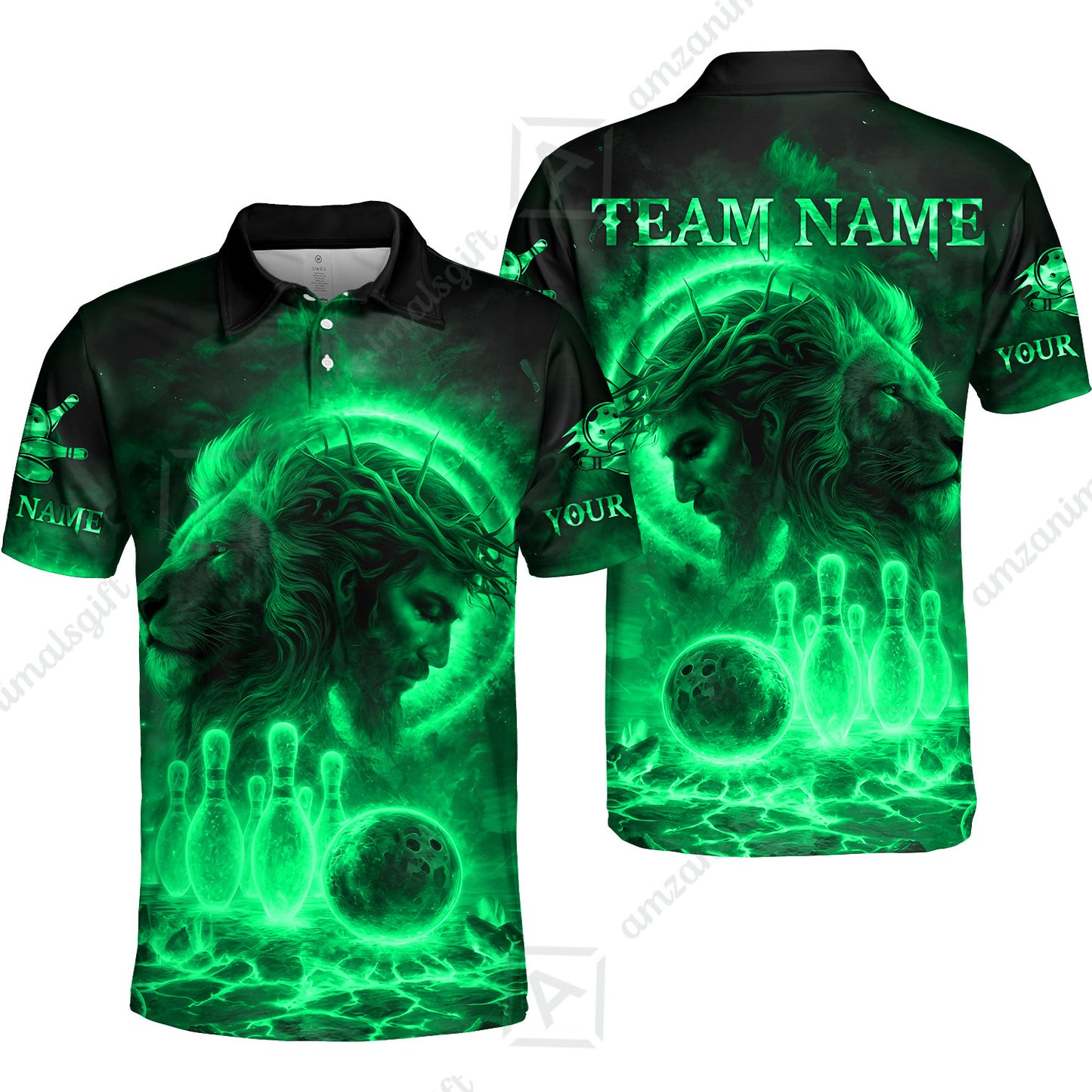 Custom Bowling Team Short Sleeve Men Polo Shirt, Flame The Lion OF Judah With Bowling, Custom Name and Team Name for Bowlers