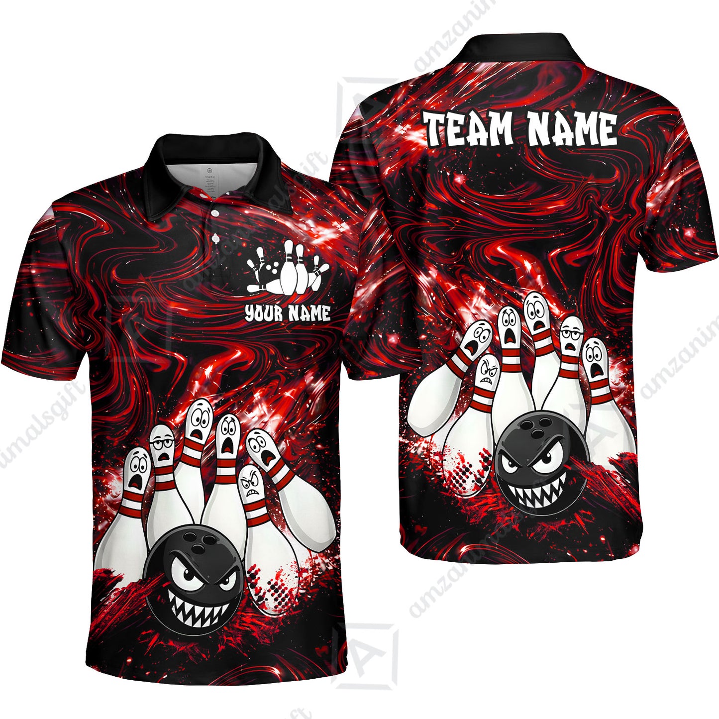 Customized Bowling Unisex Polo Shirt, Bowling Angry Ball VS Screaming Pins, Personalized Name And Team Name