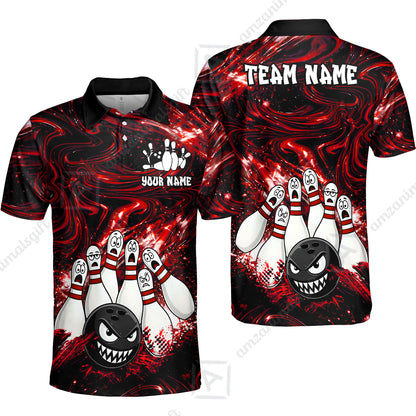 Customized Bowling Unisex Polo Shirt, Bowling Angry Ball VS Screaming Pins, Personalized Name And Team Name