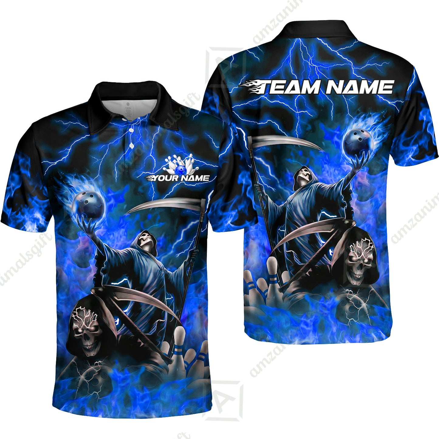 Custom Bowling Team Quarter-Zip Polo Shirt, Grim Reaper Skull With Flame Bowling Lightning Design for Bowlers, Personalized Shirt with Name and Team Name