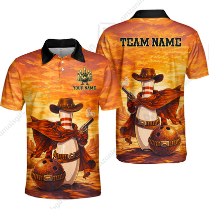 Custom Bowling Jersey Polo Shirt, Pin Cowboy Bowling Sunset, Custom Bowling Jersey Team Shirt For Players With Name and Team Name