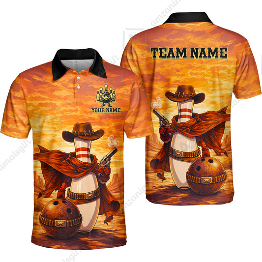 Custom Bowling Jersey Polo Shirt, Pin Cowboy Bowling Sunset, Custom Bowling Jersey Team Shirt For Players With Name and Team Name