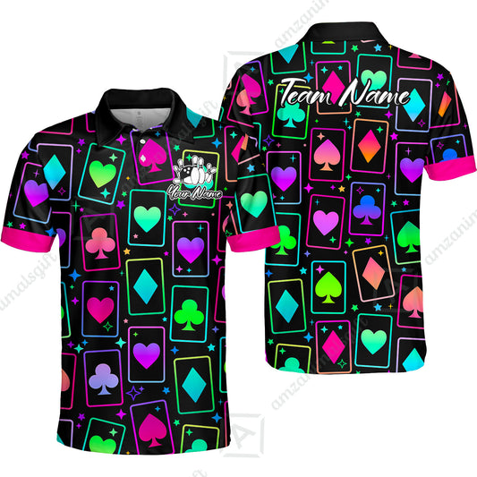 Custom Bowling Jersey Polo Shirt, Cards Neon Bowling, Custom Bowling Jersey Team Shirt For Players With Name and Team Name