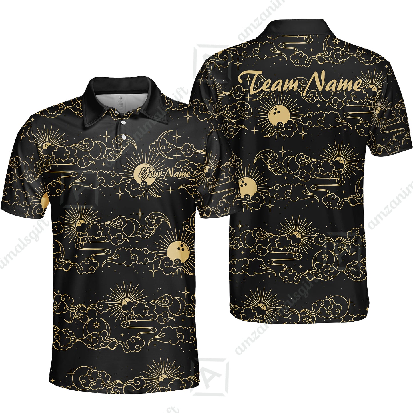 Custom Bowling Jersey Polo Shirt, Black Gold Celestial Bowling, Custom Bowling Jersey Team Shirt For Players With Name & Team Name