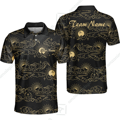 Custom Bowling Jersey Polo Shirt, Black Gold Celestial Bowling, Custom Bowling Jersey Team Shirt For Players With Name & Team Name