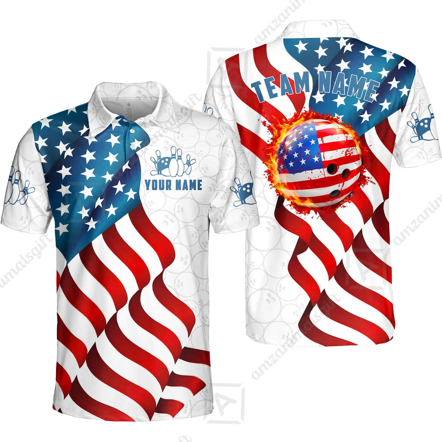 Custom Bowling Jersey Polo Shirt, Patriotic Waving USA Flag Fireball, Custom Bowling Jersey Team Shirt For Players With Name and Team Name