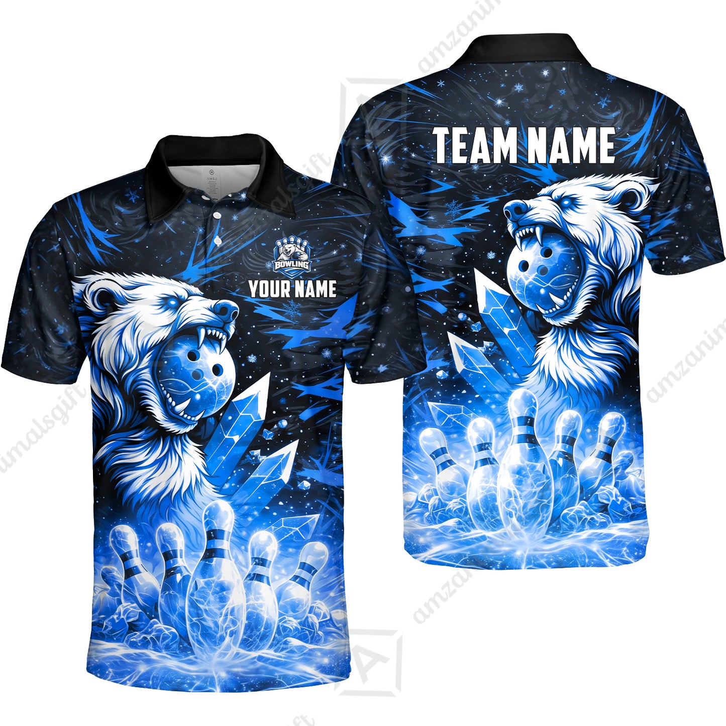 Custom Bowling Jersey Polo Shirt, Arctic Bear & Crystal Galaxy, Custom Bowling Jersey Team Shirt For Players With Name & Team Name