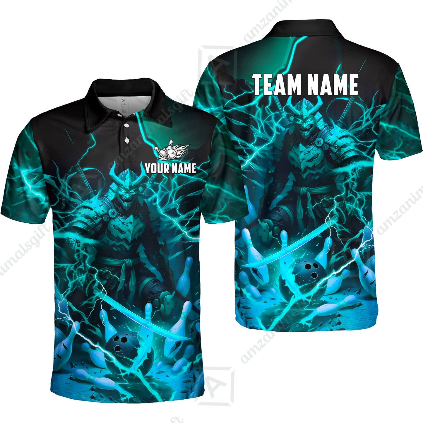 Custom Bowling Jersey Polo Shirt, Fiery Samurai Strike, Custom Bowling Jersey Team Shirt For Players With Name & Team Name