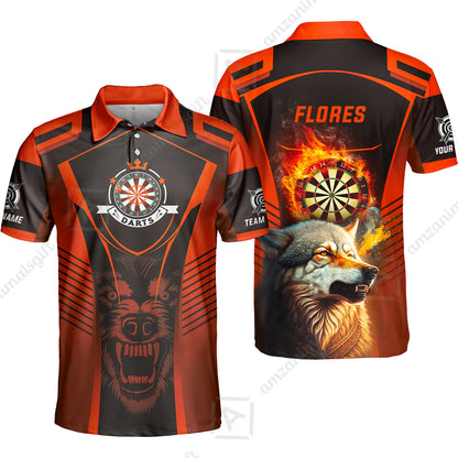 Custom Name Darts Men Polo Shirt, Orange Wolf Dartboard Personalized Polo Shirts, Gift For Men, Darts Lovers, Darts Players