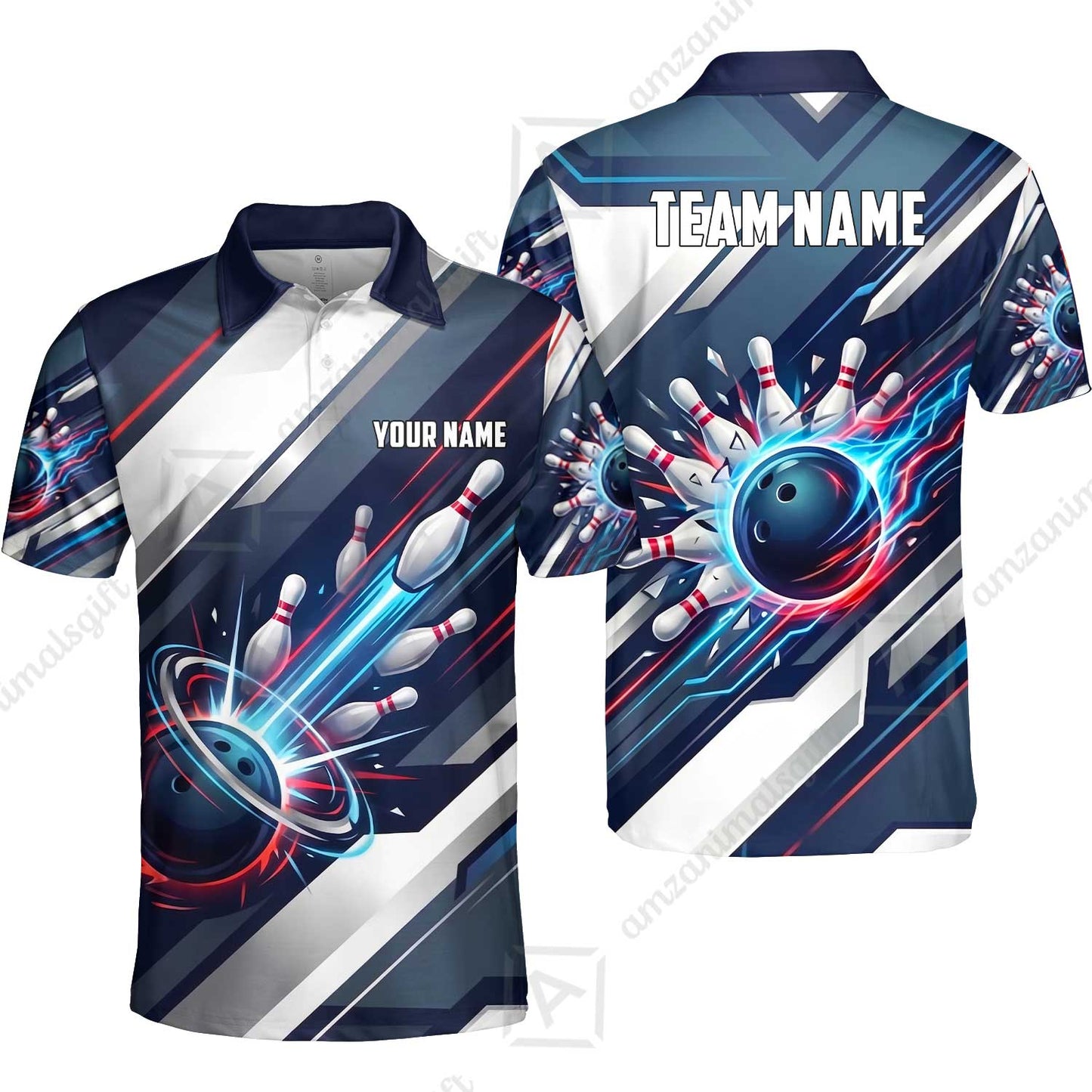 Custom Bowling Jersey Polo Shirt, Futuristic Cyber Electric Strike, Custom Bowling Jersey Team Shirt For Players With Name and Team Name
