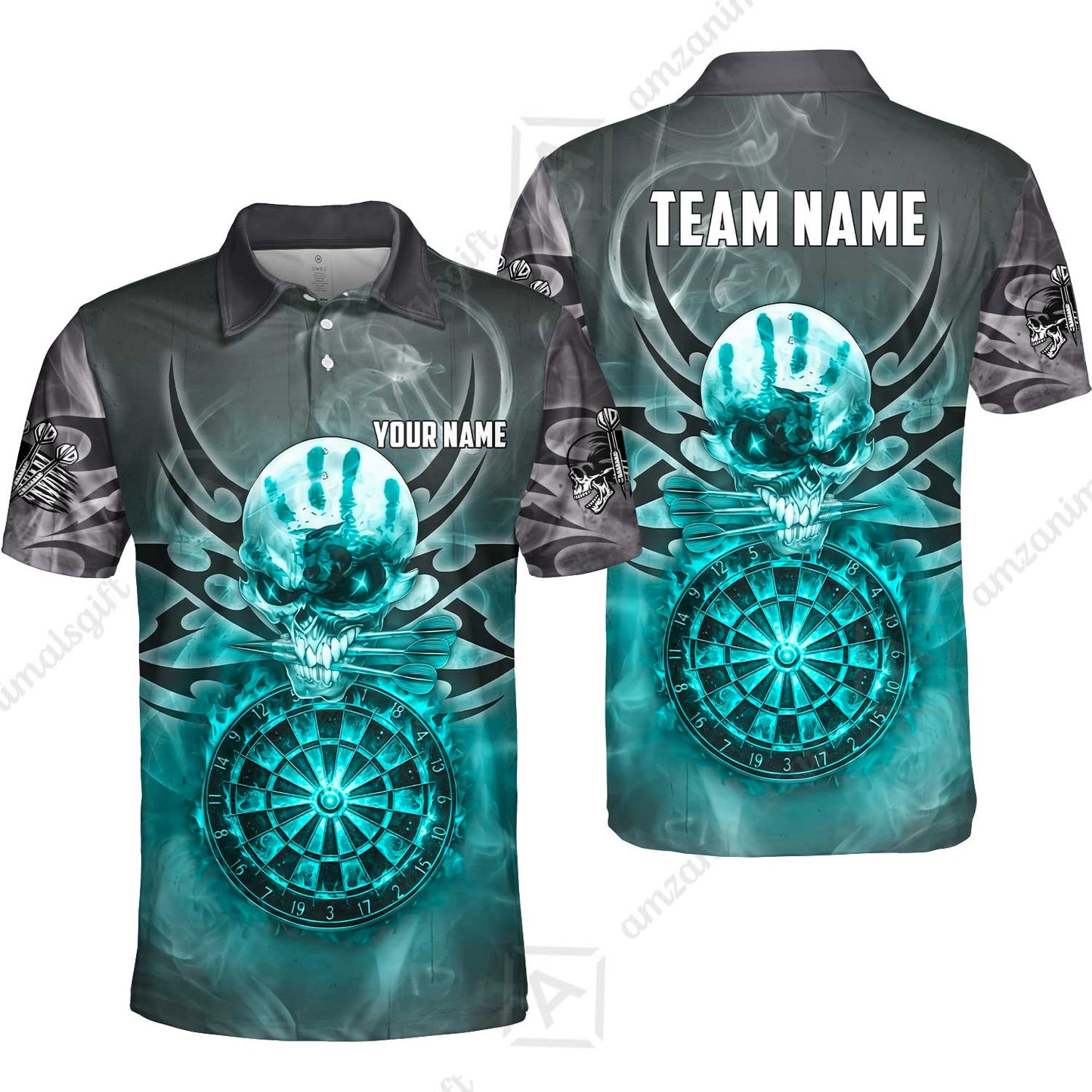 Custom Darts Jersey Polo Shirt, Glowing Fire Skull Tribal, Custom Dart Jersey Team Shirt For Players With Name & Team Name