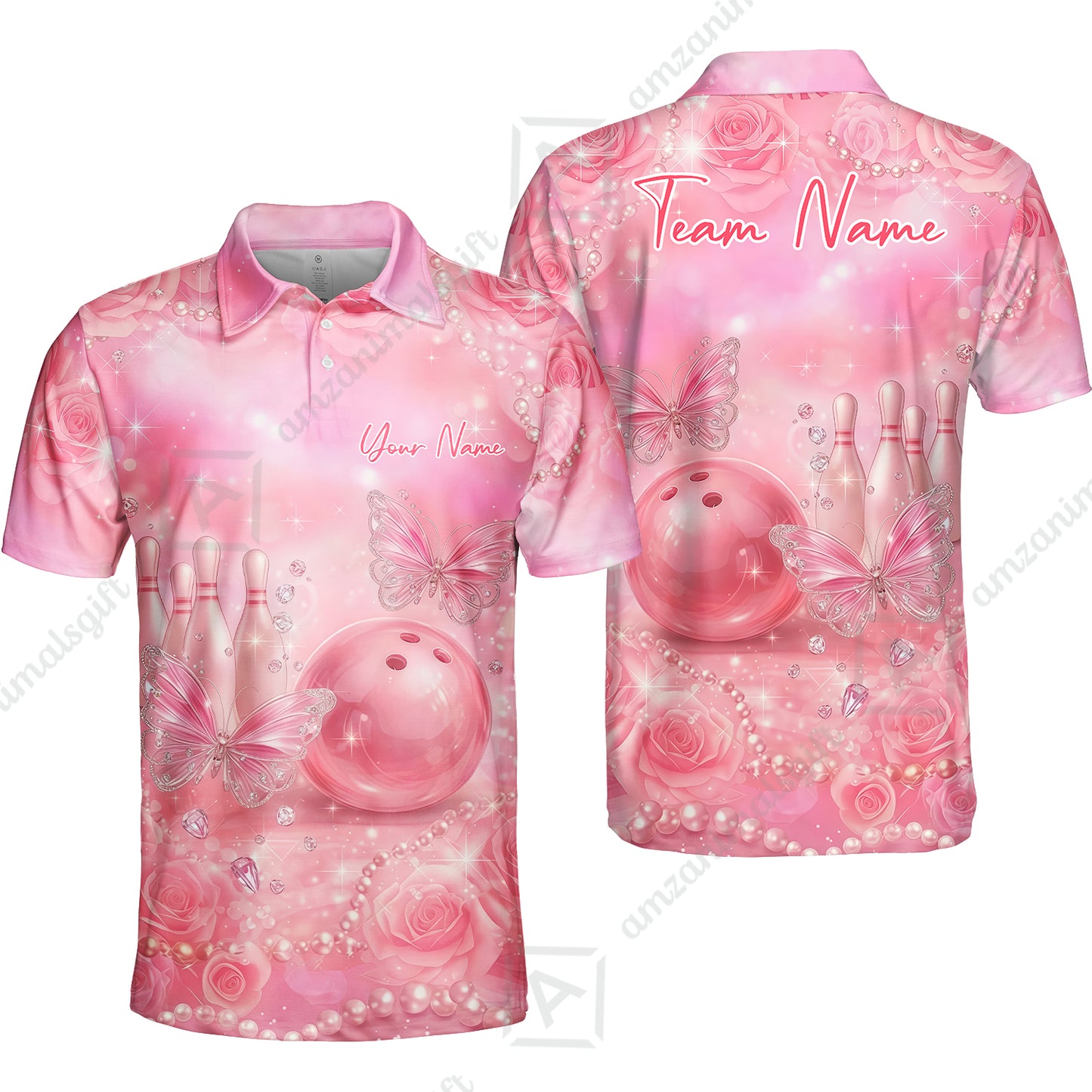Custom Pink Diamond Bowling Jersey Polo Shirt, Custom Pink Diamond Bowling Jersey Team Shirt For Players With Name & Team Name