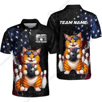 Custom Bowling Jersey Polo Shirt, Cat With Glasses And Bow Tie Bowling Pattern America Flag, Personalize Name and Team Name