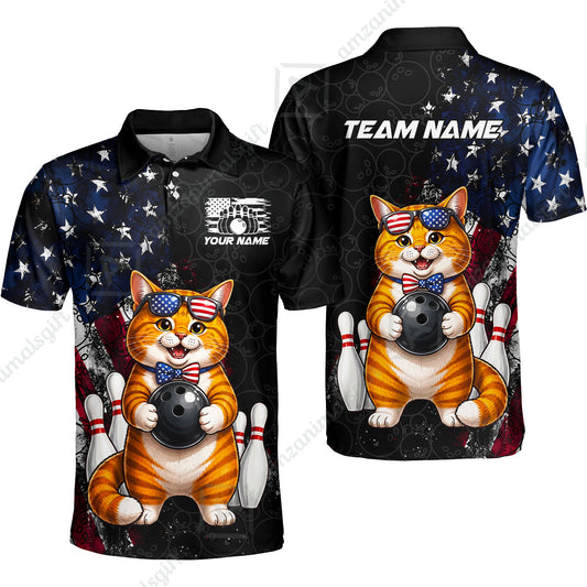 Custom Bowling Jersey Polo Shirt, Cat With Glasses And Bow Tie Bowling Pattern America Flag, Personalize Name and Team Name