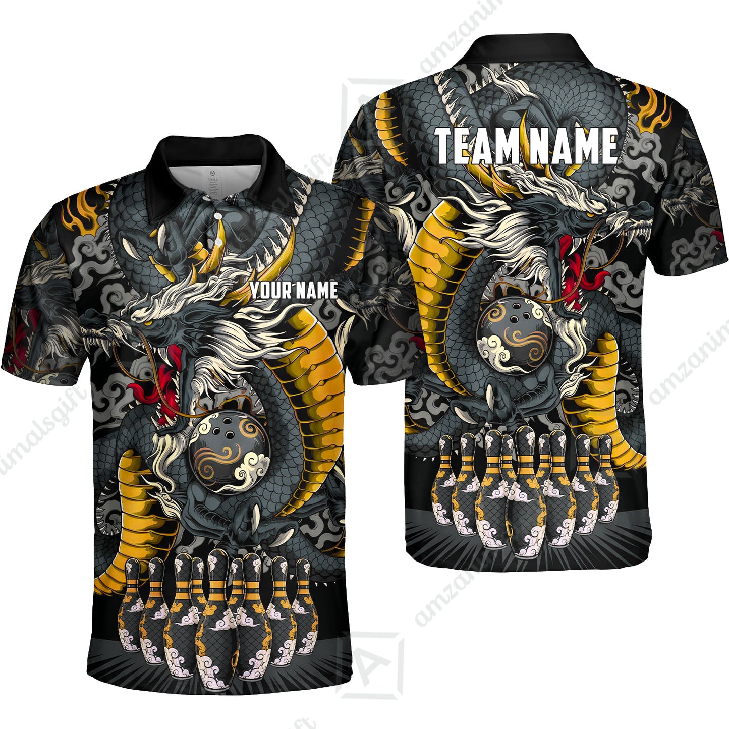 Custom Bowling Jersey Polo Shirt, Oriental Jade Dragon & Classic Clouds, Custom Bowling Jersey Team Shirt For Players With Name & Team Name