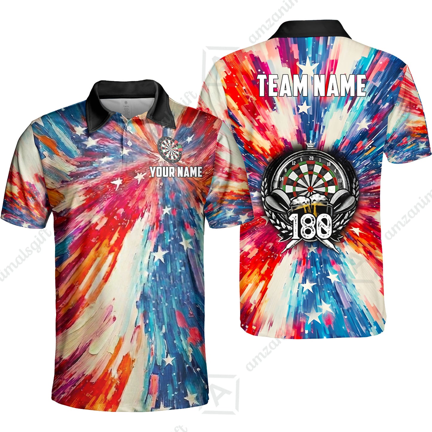 Custom Darts Team Jersey, Personalized 180 Beer USA Color Splash Darts Polo Shirt For Players With Name & Team Name