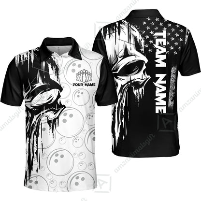 Customized Bowling Unisex Polo Shirt, American Flag Dripping Skull, Bowling Uniform - Personalized Name And Team Name