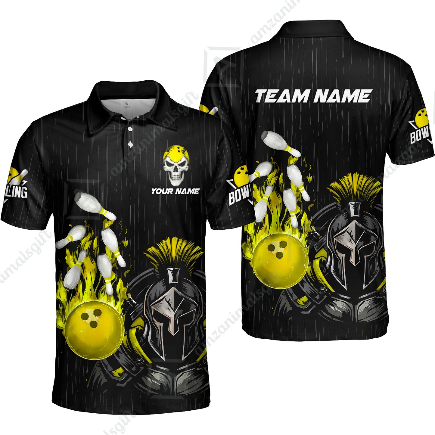 Custom Bowling Jersey Polo Shirt, Fire Bowling Knight Rain Skull Logo, Personalize Name & Team Name