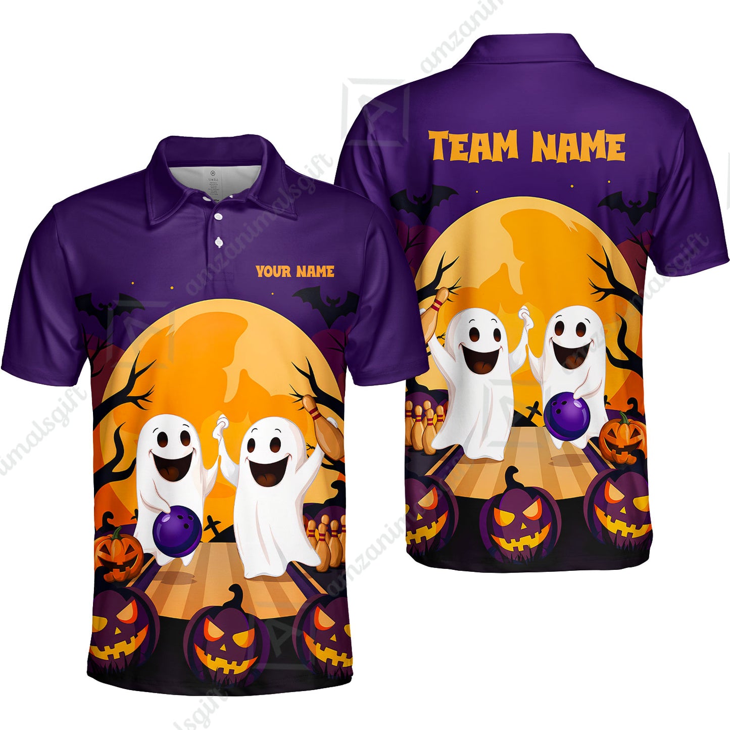 Custom Bowling Jersey Polo Shirt, Bowling Ghost Pumpkin Halloween, Personalized Name And Team Name