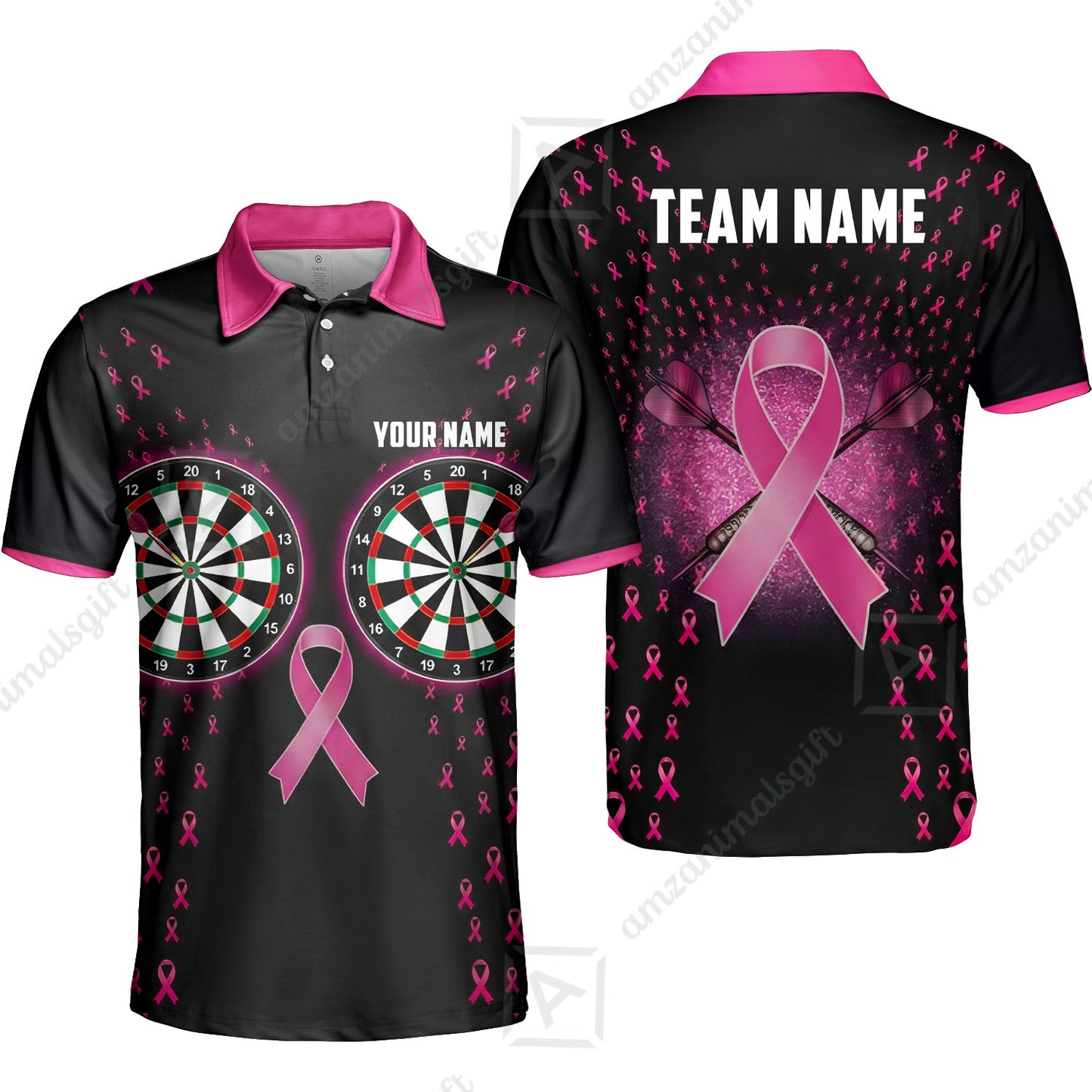 Custom Darts Team Jersey, Personalized Pink Ribbon Darts Polo Shirt For Players With Name & Team Name