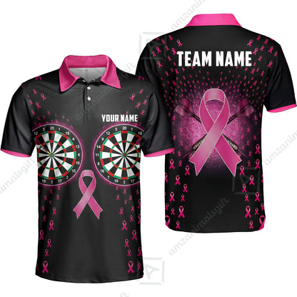 Custom Darts Team Jersey, Personalized Pink Ribbon Darts Polo Shirt For Players With Name & Team Name