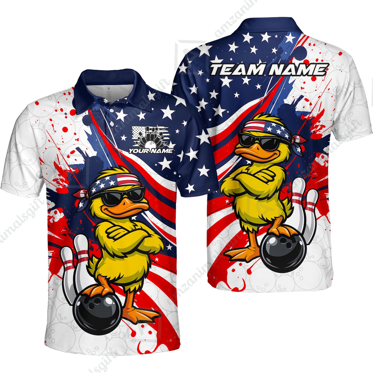Custom Bowling Jersey Polo Shirt, Patriotic Cool Duckling Mascot, Custom Bowling Jersey Team Shirt For Players With Name and Team Name